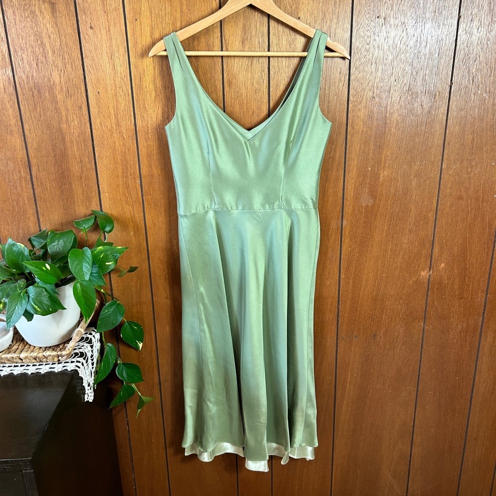 Vintage Ann Taylor Silk Satin Slip Midi Dress Sage Green V Neck Formal‎ - Picture 4 of 7